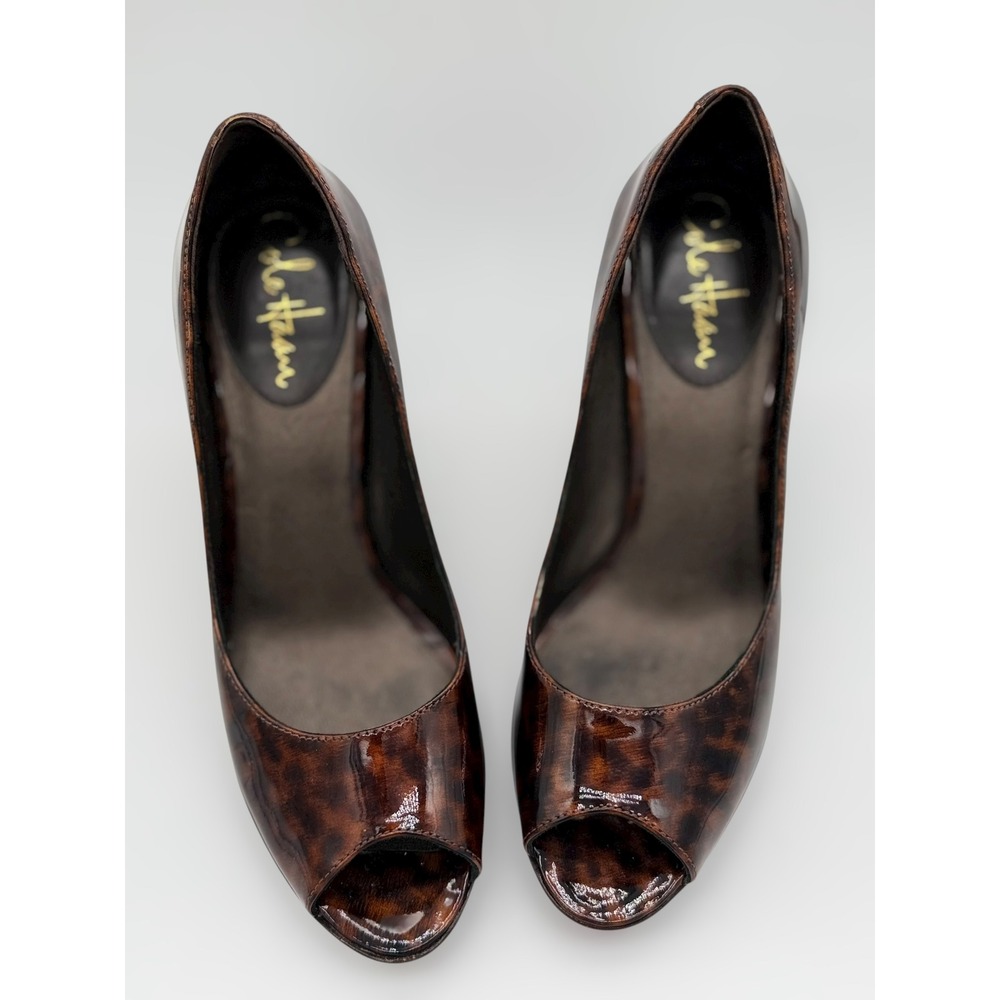Cole‎ Haan Leopard Patent Peep Toe Pumps Brown Black D29828 Heels Womens 6.5B